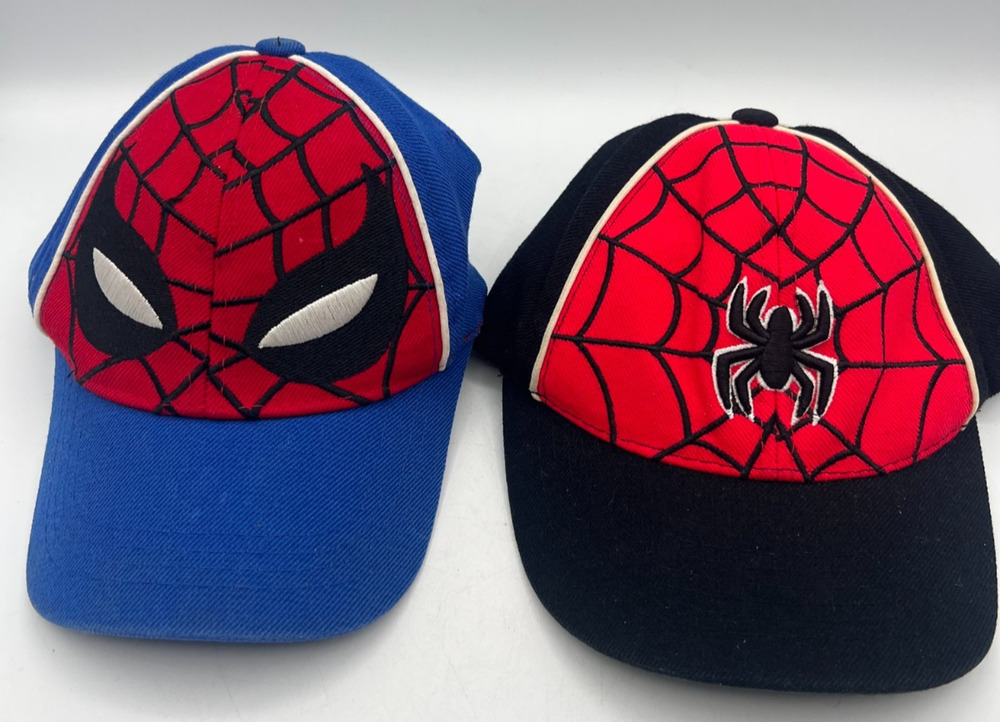 Lot of 2 Spider-Man Kids Adjustable Baseball Caps Blue Black Red Superhero Hats